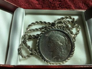 Rare 1928 S Sterling Silver Dollar Mounted On 24” Heavy Sterling Rope Necklace 5