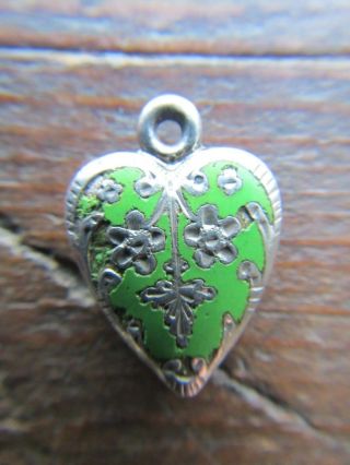 Rare Victorian Sterling Silver Enamel Puffy Heart Charm Floral Design