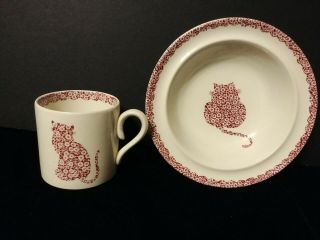 Calico Cat Burleigh Staffordshire England Child Size Cup And Bowl Red Rare