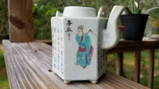 Rare Antique Chinese 19th C.  Famille Rose Figure And Inscription Teapot 5