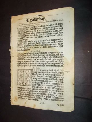 1564 - Book Of Common Prayer - Leaf - Title - Easter Day - Folio - Rare
