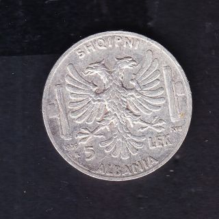 1939 Albanian.  Italy 5 Leke Silver Coin 5 Gr Rare.   N 192