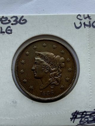 Rare Key 1836 Coronet Head Large Cent Unc Details.  Nicely Toned