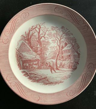 Royal China Currier & Ives 13 Inch Red/pink Round Platter Snowy Morning Rare.