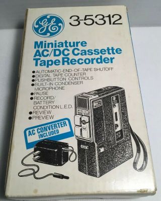 Vintage Rare Ge Miniature Cassette Tape Recorder Ac/ Dc 3 - 5312 Box