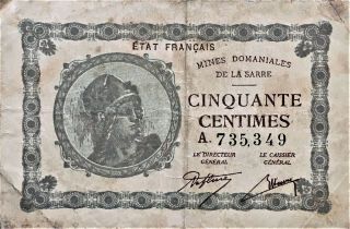 (nd) 1919 France Saar Mines Domaniales De La Sarre 50 Centimes P 1 - Very Rare