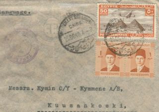 Egypt Rare Usage 50mill.  Tied Airmail Letter Sent To Finland & Censored 1940