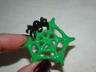 Vintage Rare Enamel Green Spider Web Black Spider Halloween 3d Brooch Pin 1 3/4 "