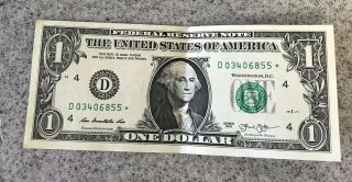 2013 D Series $1 One Dollar Bill Very Rare Low 250k Run Star Note 2