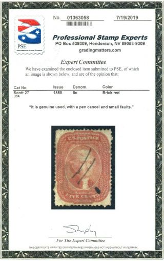 Scott 27 5c Jefferson Type I " Brick Red " Rare Pse Certified (small Faults)