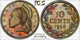 1968 Liberia Copper - Nickel 10 Cents Bu Pcgs Pr66 Rare Toned Coin Only 6 Higher