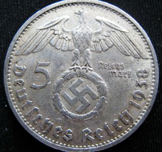X - Rare 1938a Big 5 Mark 90 Silver Bullion German Swastika Nazi Germany Ww2 Coin