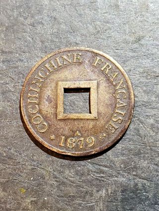 French Cochin China,  1879,  2 Sapeque,  Km 2,  Bronze,  Rare Coin