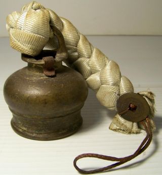 Antique Asian Brass Bell W/ Braided Cloth Strap & Chinese Token Rare Shape