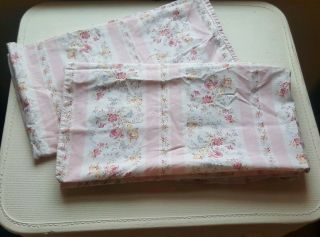 2 Ralph Lauren Millicent Pink Floral Stripe Rare Cottage Chic King Pillowcases