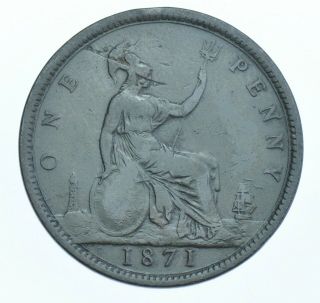 Rare 1871 Penny British Coin From Victoria Avf [r8]