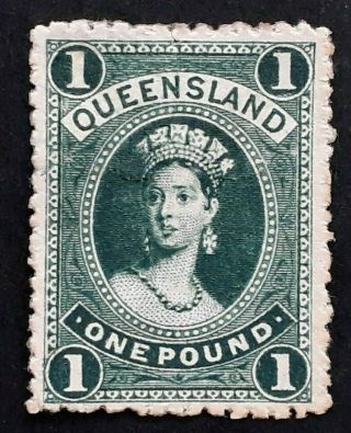 Rare 1886 - Queensland Australia £1.  00 Deep Green Large Chalon Head Stamp