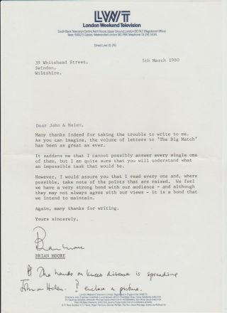 Brian Moore Football Commentator World Cup 1966 Rare Official Orig Signed Letter