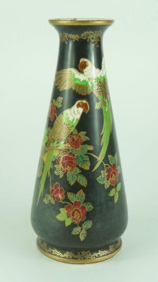 Rare Large Crown Devon Mavis Pattern Vase,  Black Ground,  Gilded