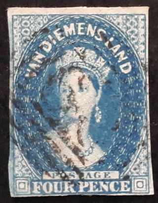 Rare 1855 - Tasmania Australia 4d Blue Imperf Chalon Head Stamp Wmk Lge Star