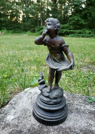 Rare Antique French Child Girl Bronze Sculpture Statue Signed C.  Anfrie