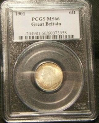 1901 Pcgs Ms66 Great Britain Silver (6) Six Pence Rare Beauty Only 3 Higher