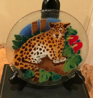 Peggy Karr Signed Fused Studio Art Glass Small Plate Zoo Leopard Rare 5 7/8”