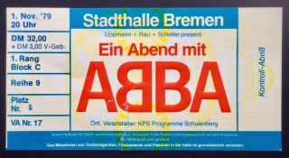 Abba - November 1,  1979 Concert Ticket Bremen Germany - Very Rare