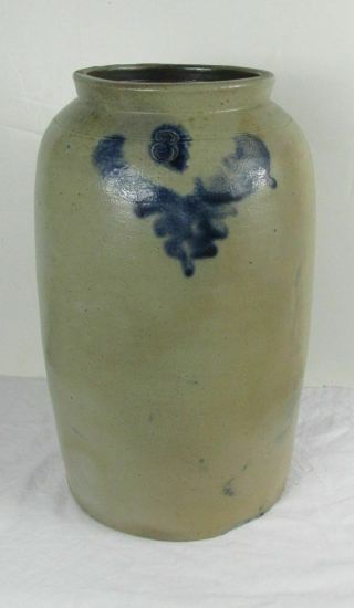 Rare Antique 3 Gallon Salt Glaze Stoneware Storage Jar Crock Blue Decorated