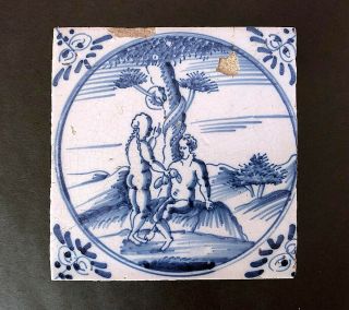 Very Rare Delftware Tile - Adam And Eve,  Circa 1700