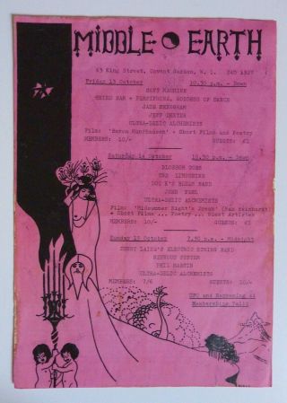 October 1967 Middle Earth Club Flyer - Very Rare In