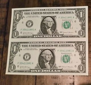 Uncut Sheet Of 2 2017 $1 Dollar Bills,  Uncirculated/rare
