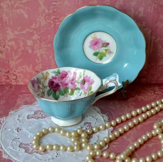 Rare Tea Cup Teacup Saucer Set,  Royal Albert,  Turquoise Pink Roses,  Bone China