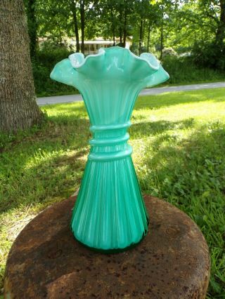 Fenton Art Glass Teal Overlay Rare A.  F.  G.  W.  U.  Marked Wheat Vase
