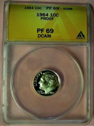 1964 Anacs Pf 69 Dcam Roosevelt Silver Dime " Top Pop At Anacs Pop Of 2 Rare