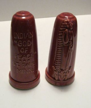 Red Wing Pottery Rare Salt & Pepper Shakers " - " Indian God Of Peace " St.  Paul Minn.