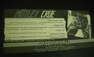 Motley Crue Rare 1982 Promo Trade Advert From Too Fast For Love