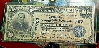 Large 1902 Peoples National Bank Note $10 Pittsburgh Pa E 727 Very Rare
