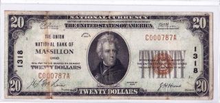 $20 1929 T1 Union National Massillon Ohio Oh " Rare " Only 12 On Census