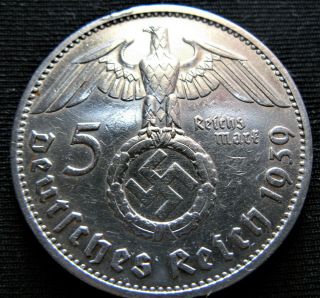 X - Rare 1939f 5 Mark Big 90 Silver Bullion German Swastika Nazi Germany Ww2 Coin