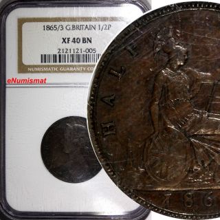 Great Britain Bronze 1865/3 1/2 Penny Overdate Ngc Xf40 Bn Rare Old Slab Km748.  2