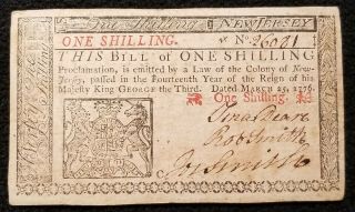 1776 March 25th Jersey One Shilling Continental Currency Note Rare