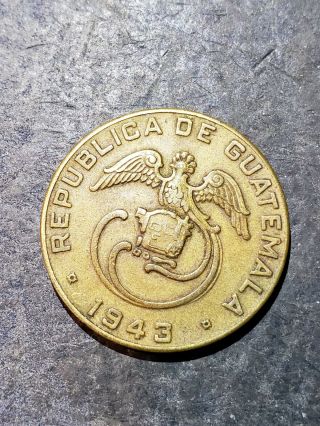 Guatemala 1943 2 Centavos Bronze Coin.  Rare Coin Low Mintage You Grade