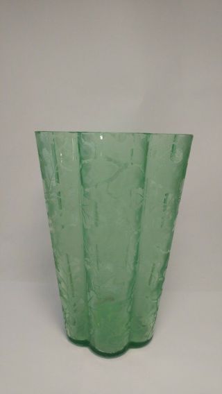 Rare Fostoria Brocade Oakwood - Oak Leaf Green Iridescent Acid Cut Vase - A/f