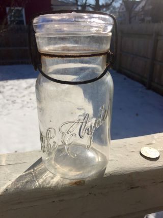 Rare Antique Fruit Jar " The Clyde " In Script Pint Size Jar Ground Lip Clyde Lid
