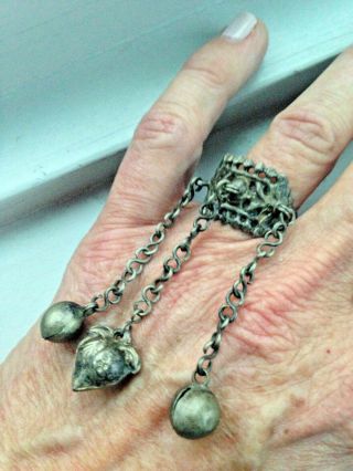 Rare Antique Chinese Coin Siver Ring With Chains And Charms - Size 7