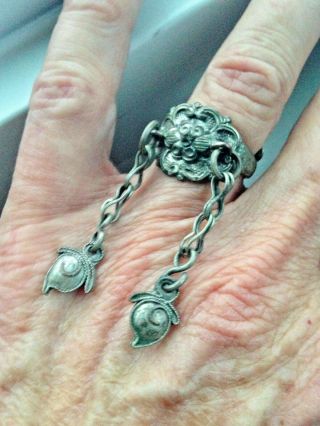 Rare Antique Chinese Coin Siver Ring With Chains And Charms - Size 6