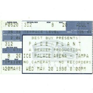 Jimmy Page & Robert Plant Concert Ticket Stub Tampa 5/20/98 Led Zeppelin Rare