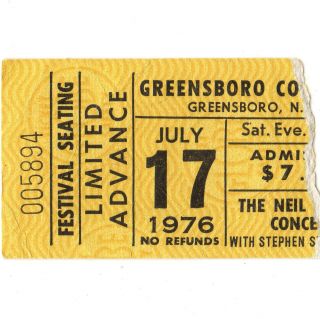 Neil Young & Poco Concert Ticket Stub Greensboro Nc 7/17/76 Coliseum Csny Rare