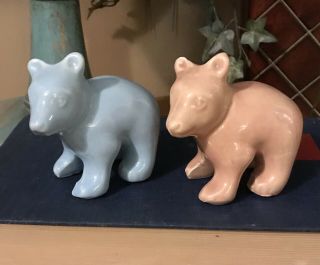 2 Vintage Shawnee Pottery 3 " Miniature Bear Cubs Pink Blue Figurines Rare